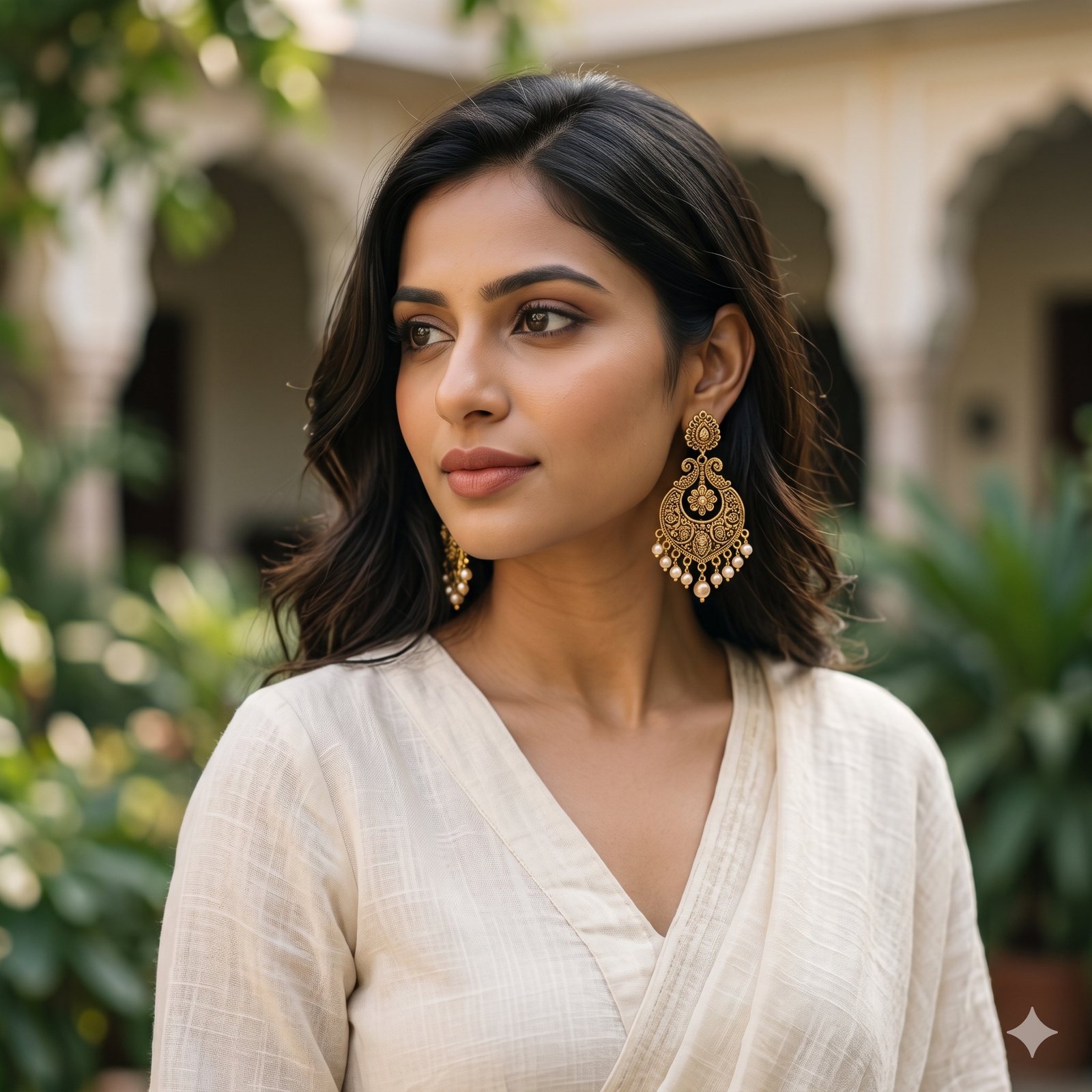 Artificial earrings in gold-tone, pearl and traditional designs styled with a kurta, handbag and dupatta for everyday wear.