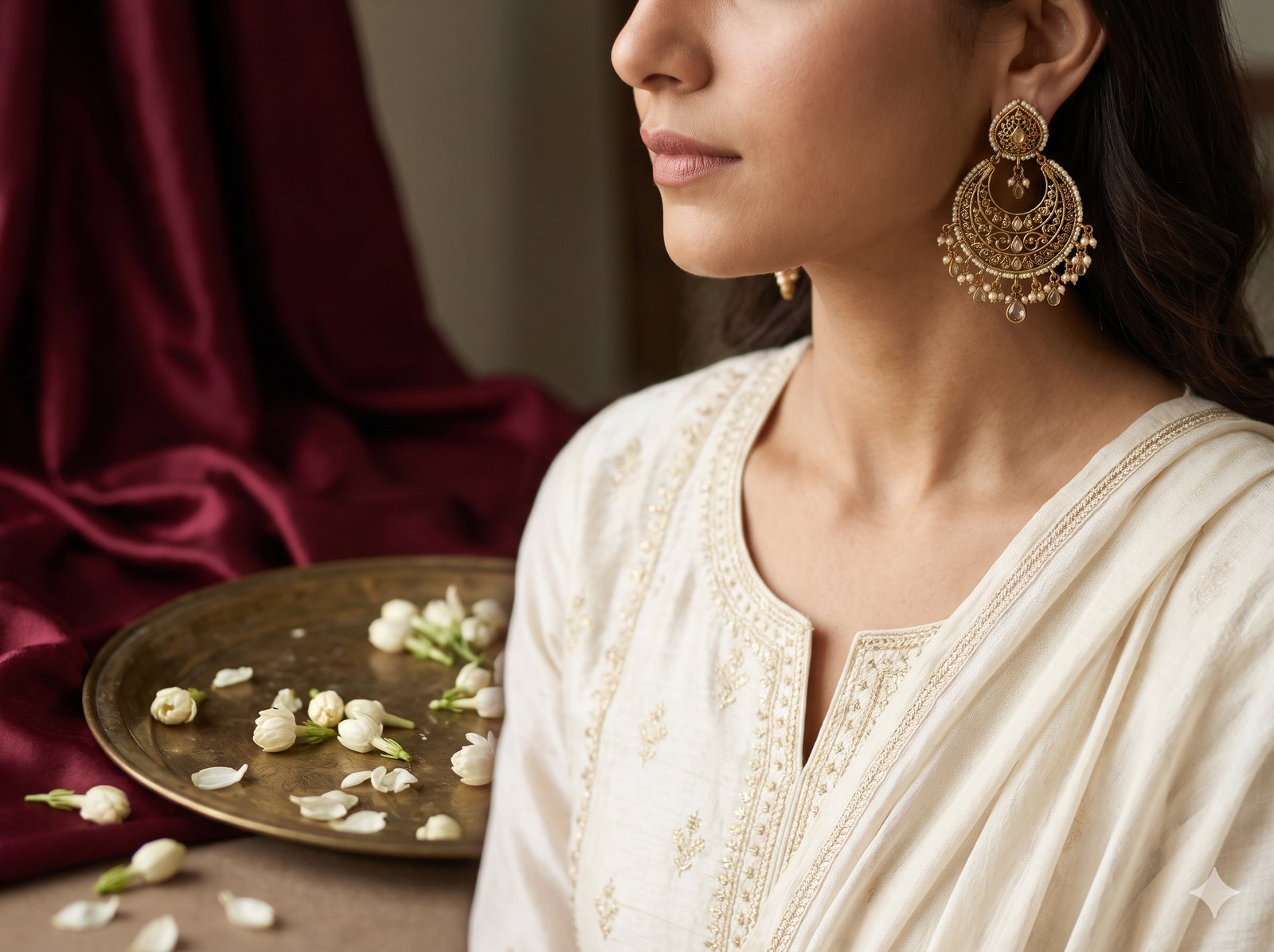 Artificial earrings styled beside a silk dupatta on an elegant Indian dressing table.