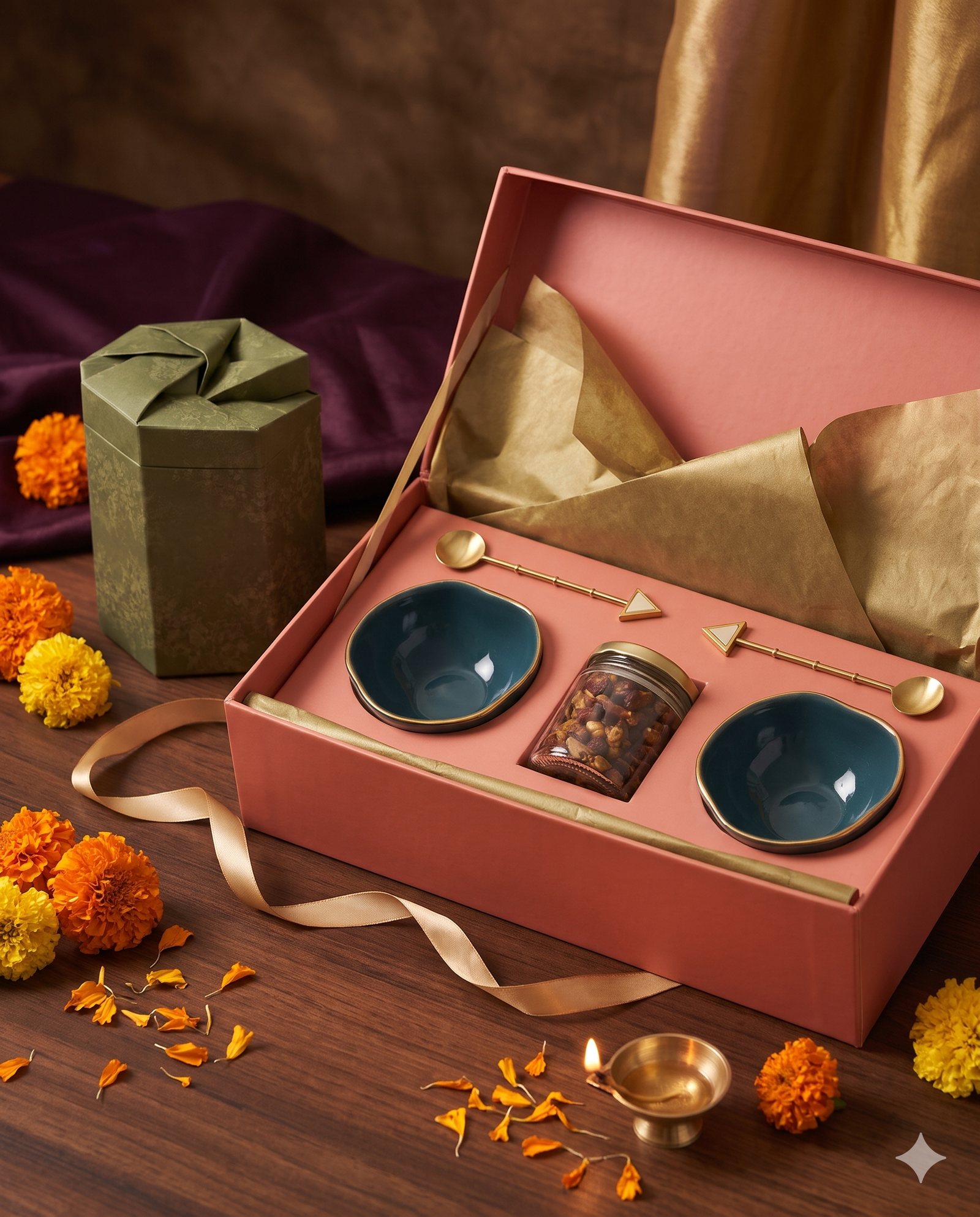 Elegant Diwali gift hampers arranged on an office table with festive decorations and premium packaging.