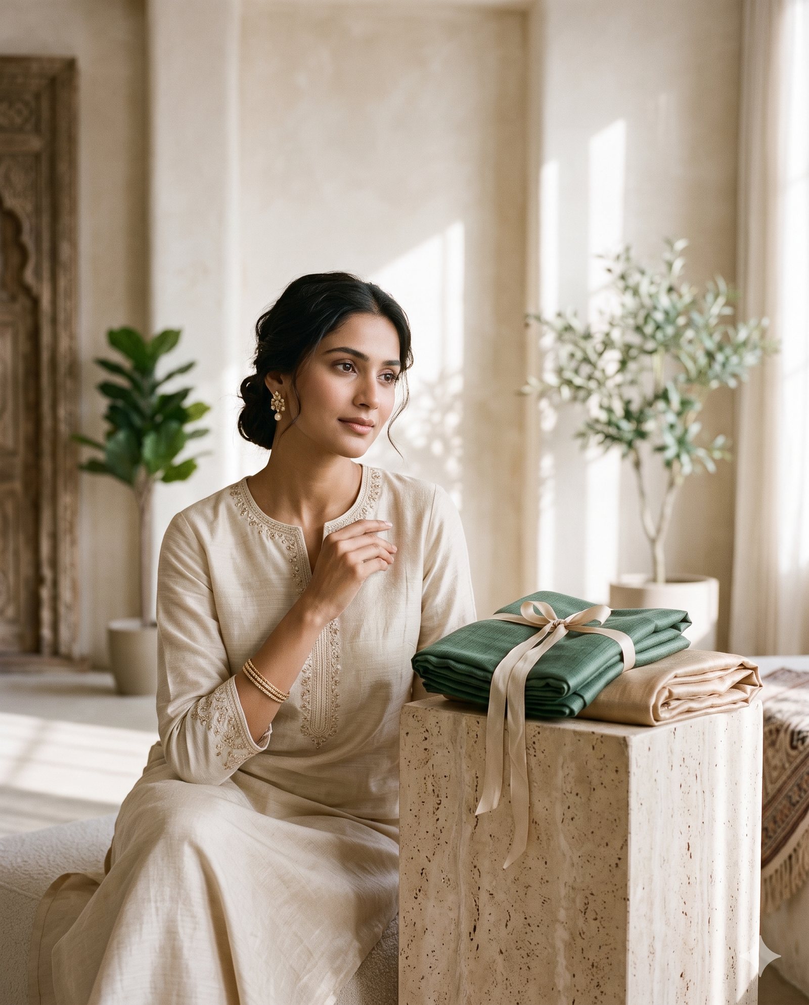 Elegant Indian dupattas and scarves in rich colours displayed beside a gift box and artificial jhumka earrings.