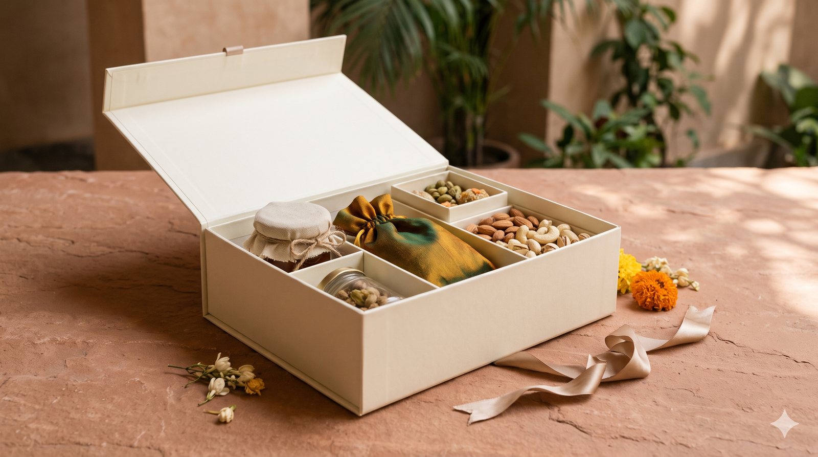 Elegant wedding return gift box with ribbon, decorative keepsake and neatly arranged gifts on a cream table.