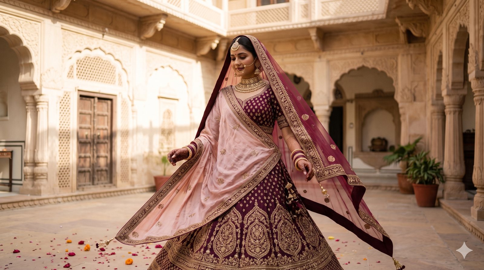 Indian bride wearing an embroidered lehenga with a coordinating dupatta in a complementary bridal colour.