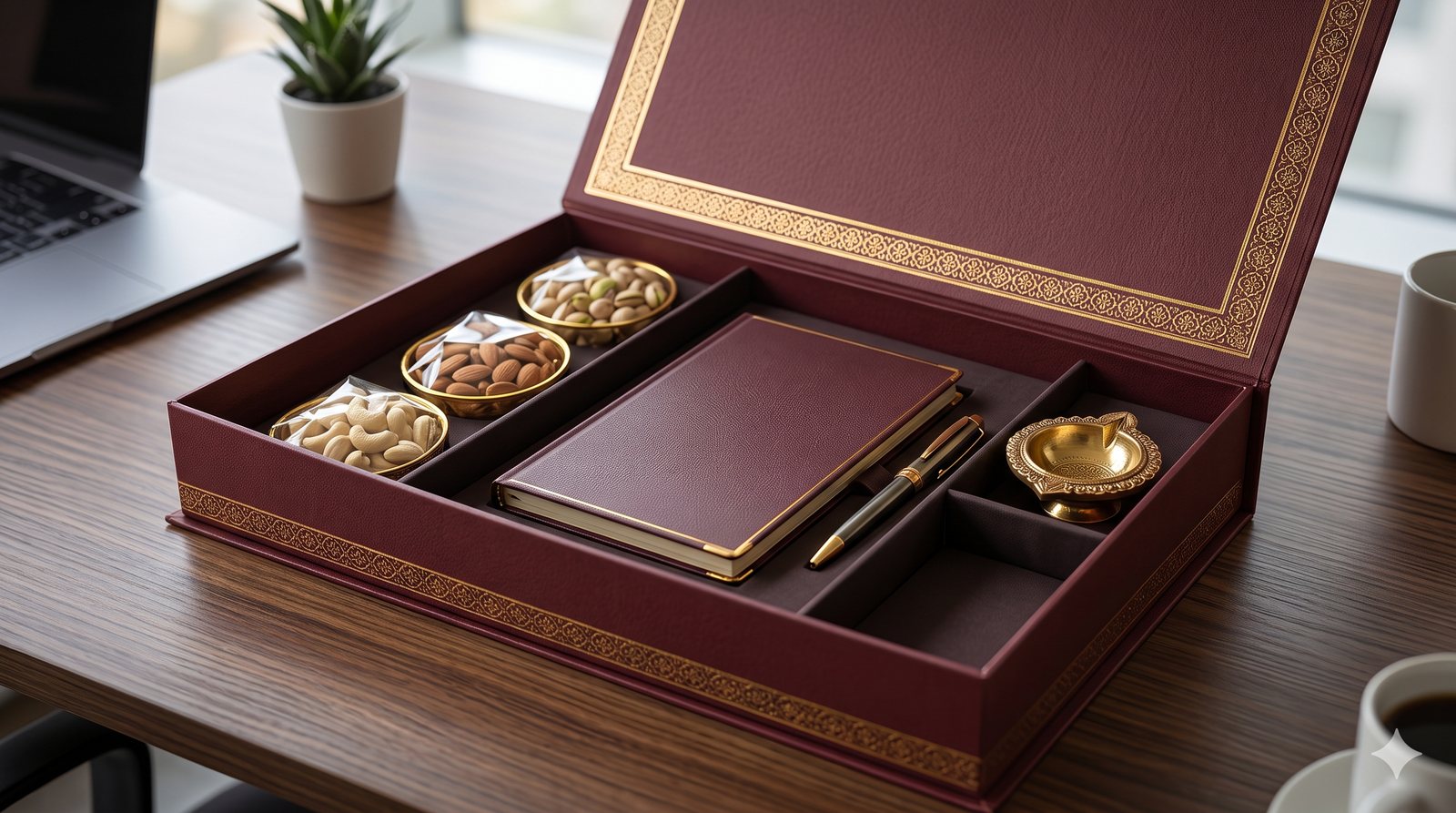 Premium corporate gift box for employees with dry fruits, notebook and brass diya