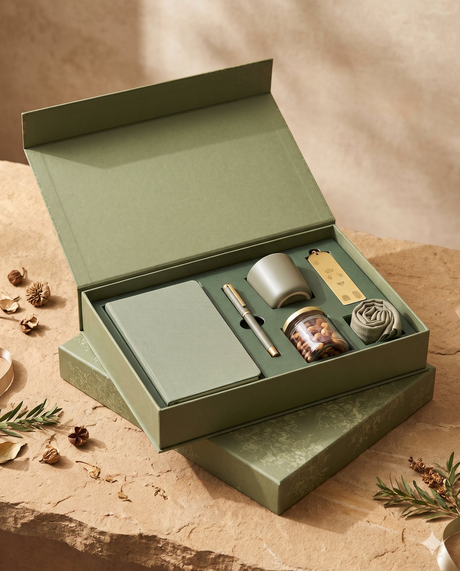 Premium employee welcome kit gift box with useful office essentials, a folded scarf and elegant gift packaging.