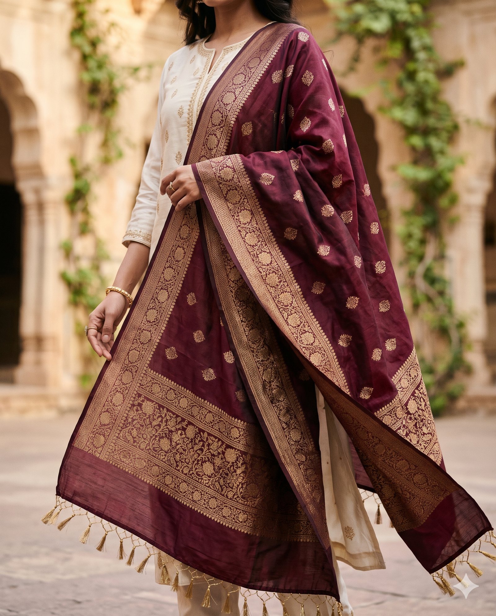 Silk saree styled with complementary Banarasi and organza dupattas in an elegant Indian fashion setting.