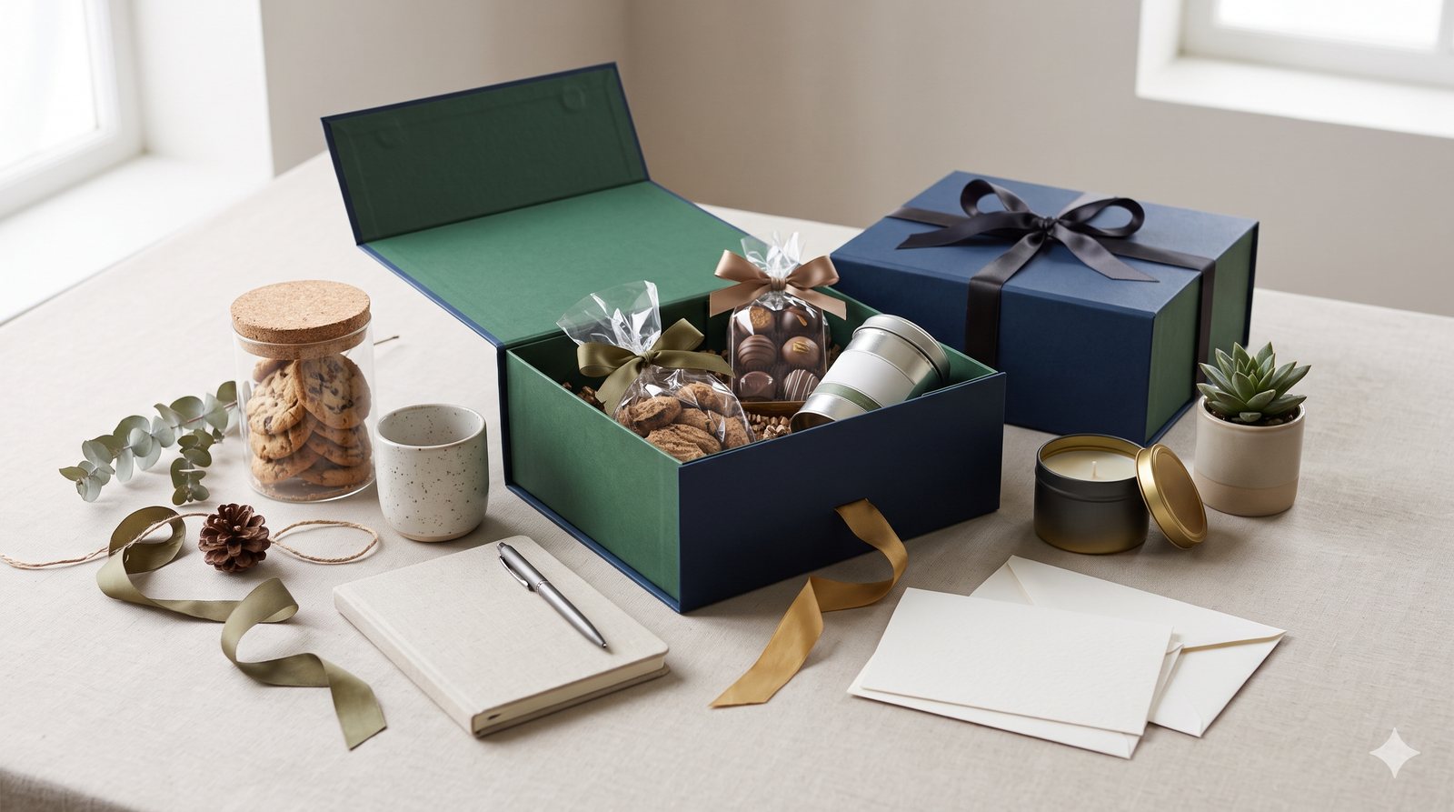 Thoughtfully arranged corporate gift boxes with elegant packaging and selected gifts.