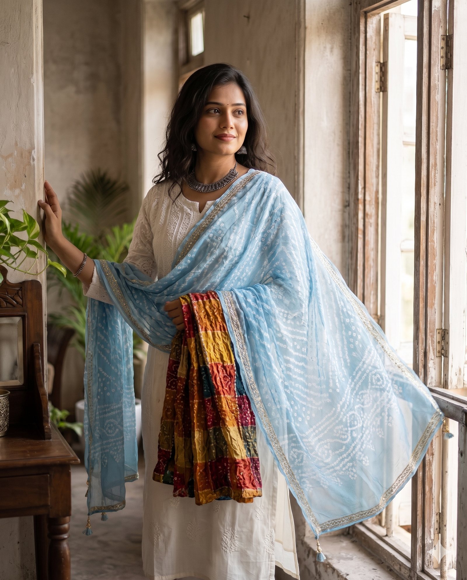 Woman styling a lightweight pastel chiffon scarf with a cotton kurta for a summer outfit.