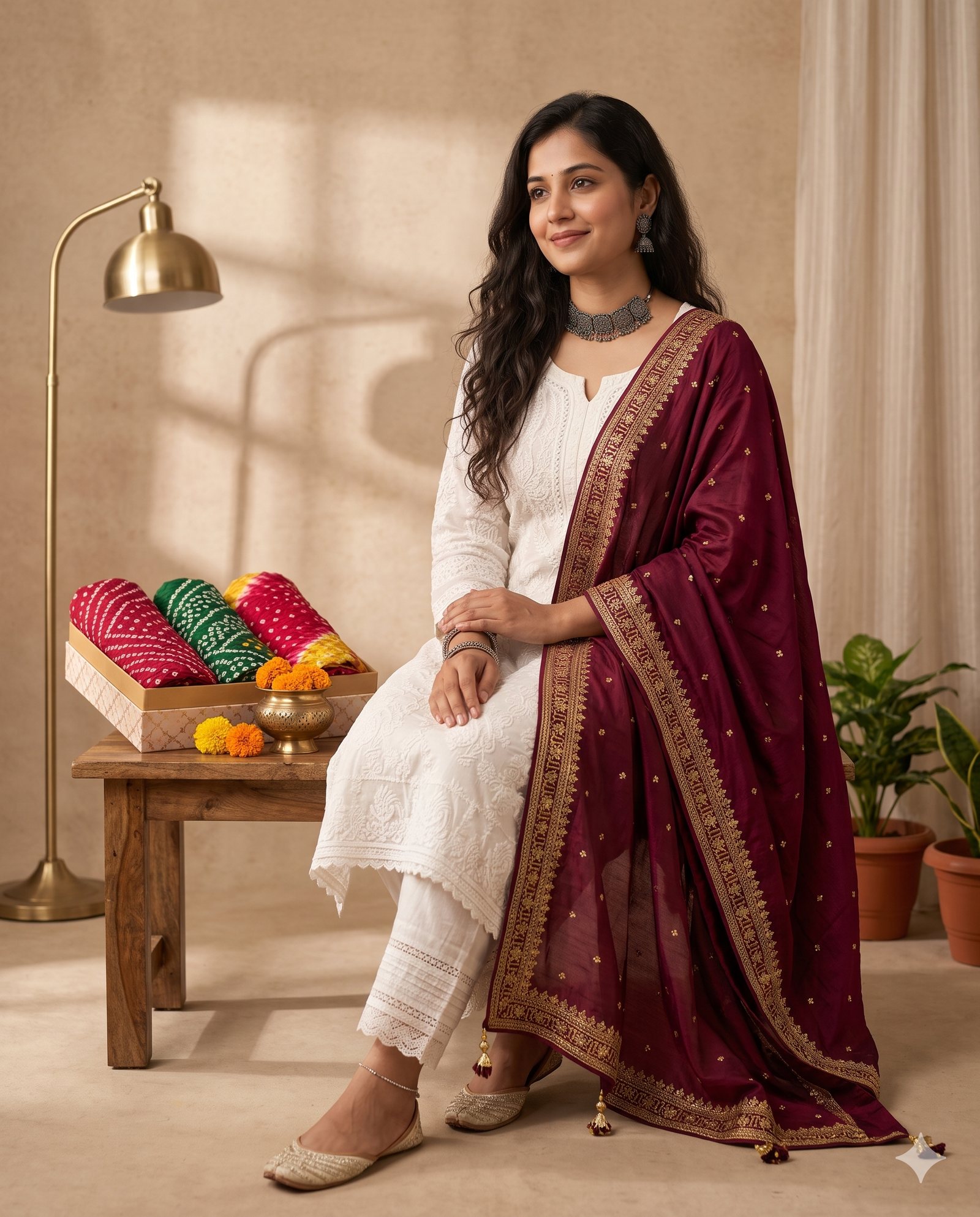 Woman wearing a salwar suit with an embroidered dupatta draped elegantly over her shoulders.