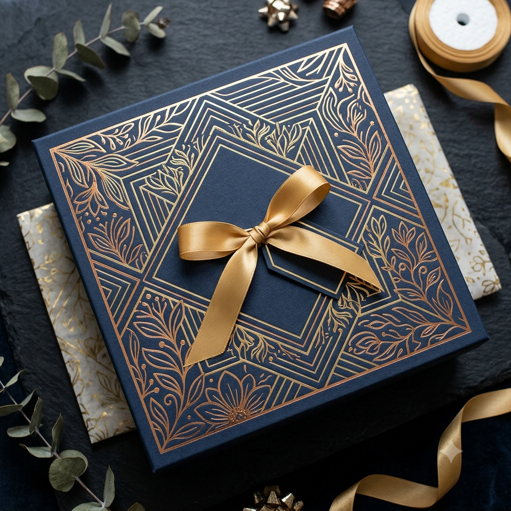 Luxury Navy Gold Foil Gift Box — handcrafted corporate gift box