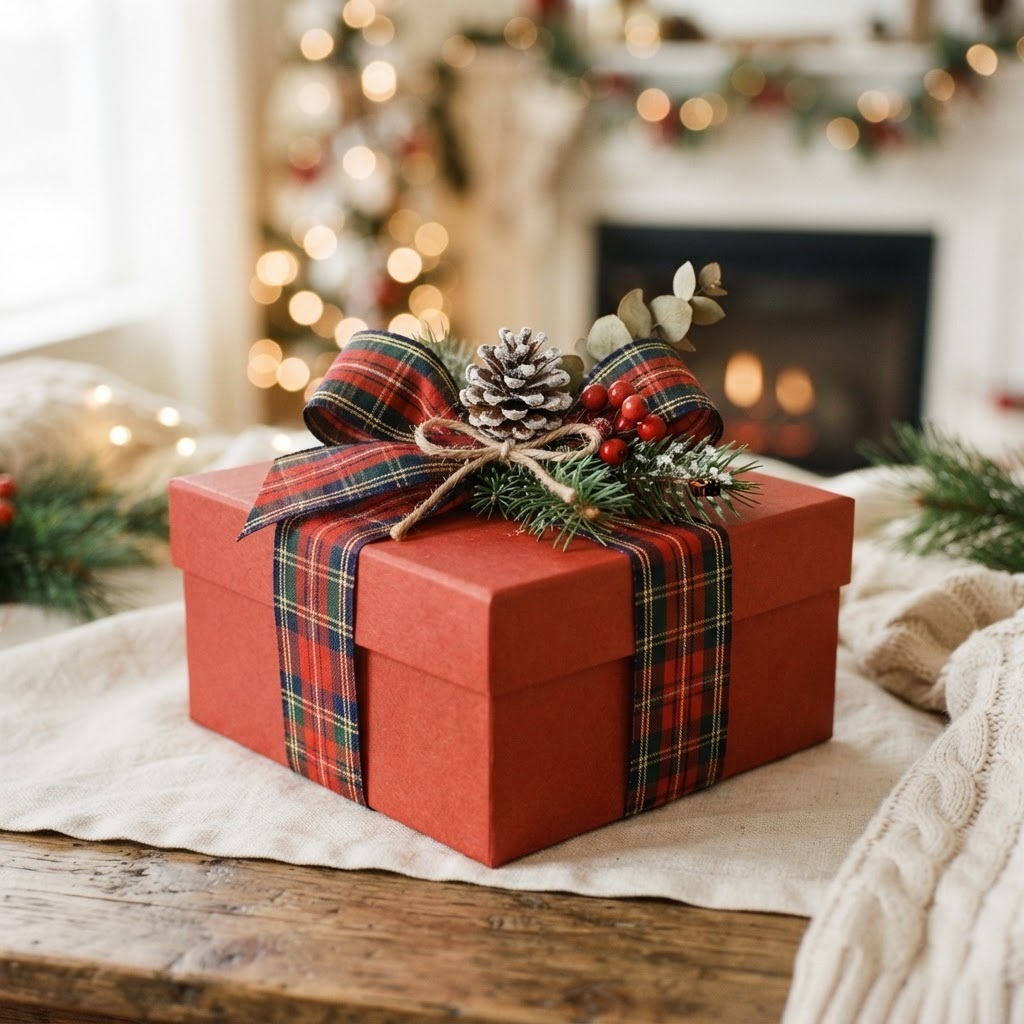 Festive Tartan Ribbon Gift Box — handcrafted festive gift box