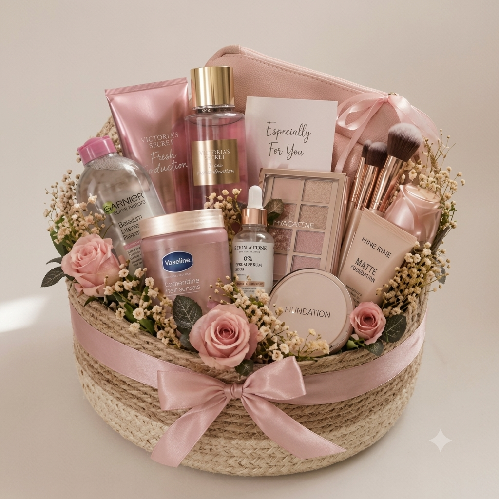 Luxury Blush Beauty Hamper Basket — handcrafted festive gift box